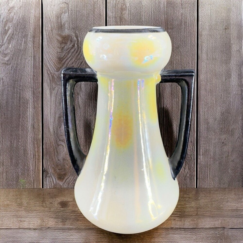 Vintage Czechoslovakia Pottery Vase With Handles Yellow Luster Finish Czech VTG